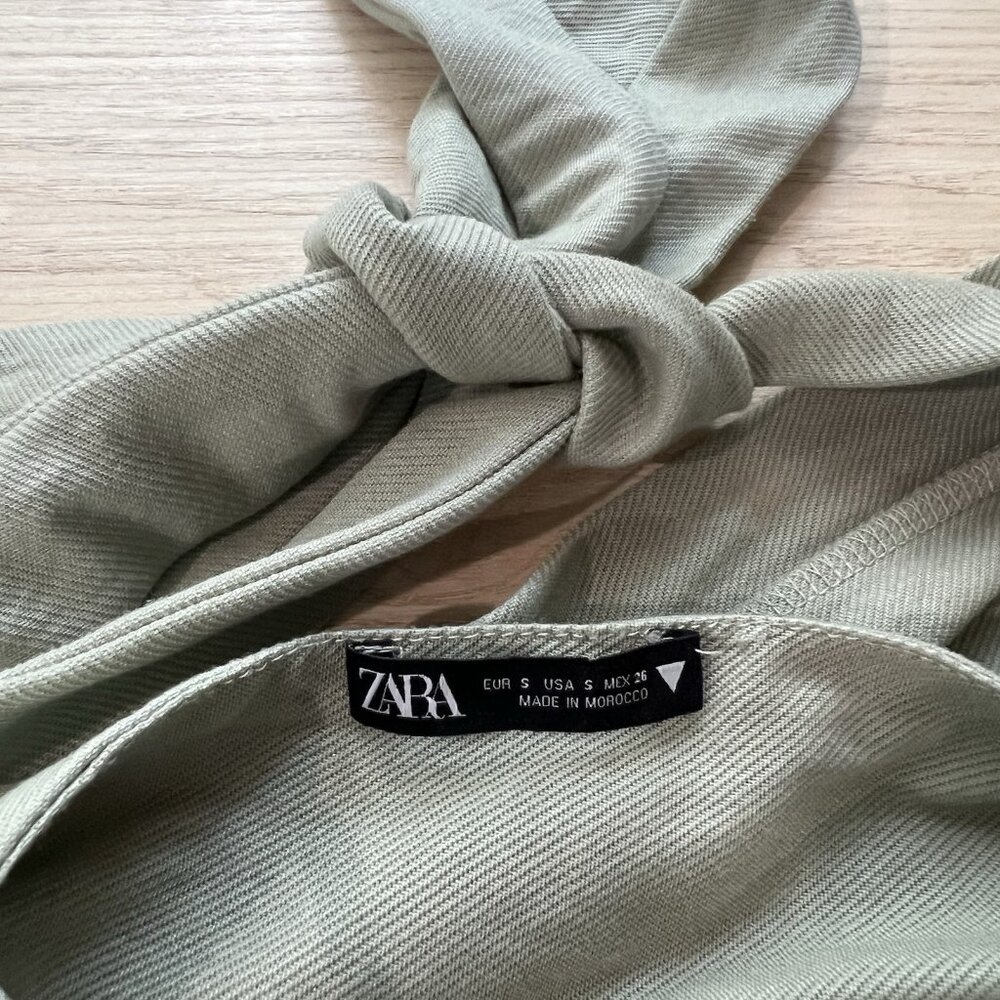 ZARA Crop Top Size Small Dusty Sage Green Sash Tie Wrap Open Back 0264/802/500 - Picture 7 of 11